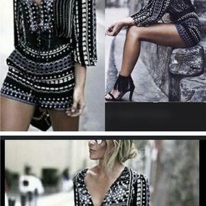 Black/White/Blue Patterned Romper